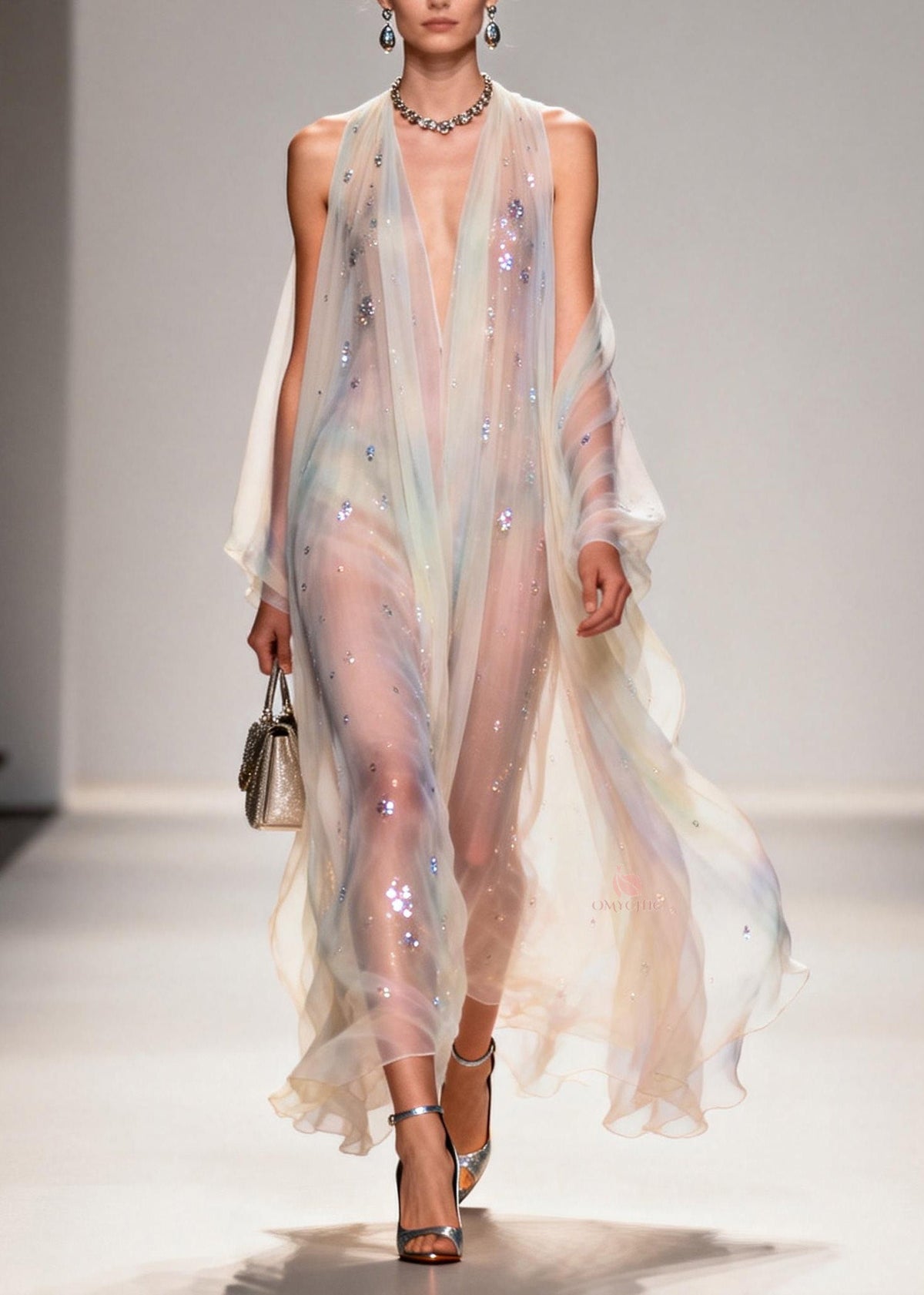 Sequin Scatter Deep V-Neck Sleeveless Cape Panel Sheer Maxi Gown - View 5