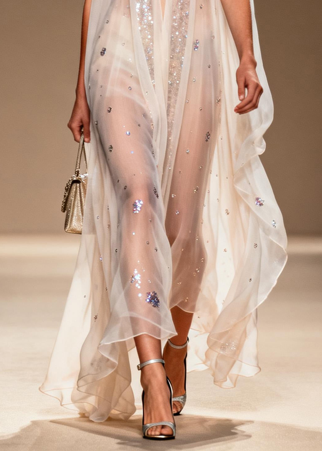 Sequin Scatter Deep V-Neck Sleeveless Sheer Chiffon Maxi Gown - View 4