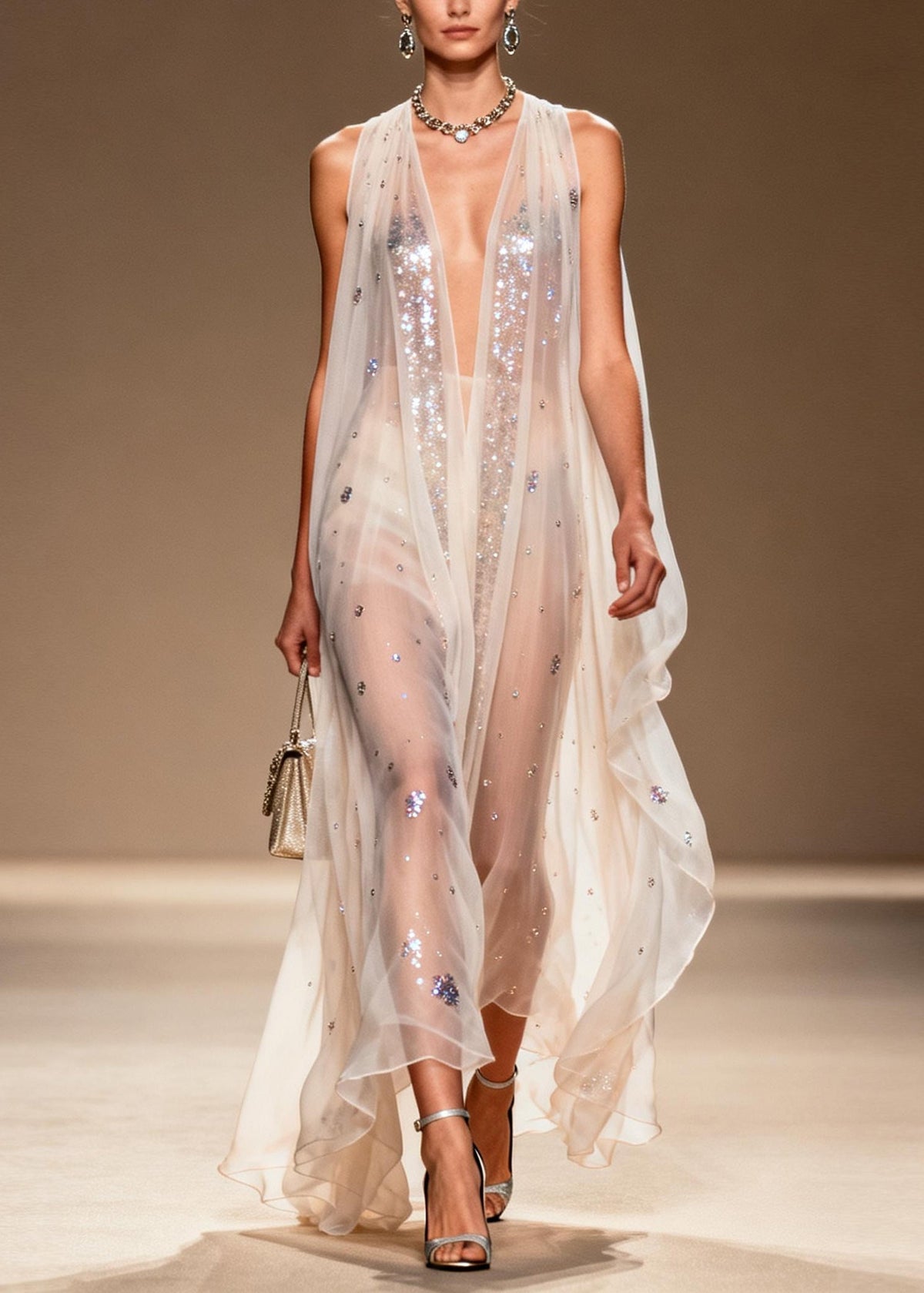 Sequin Scatter Deep V-Neck Sleeveless Sheer Chiffon Maxi Gown - View 5