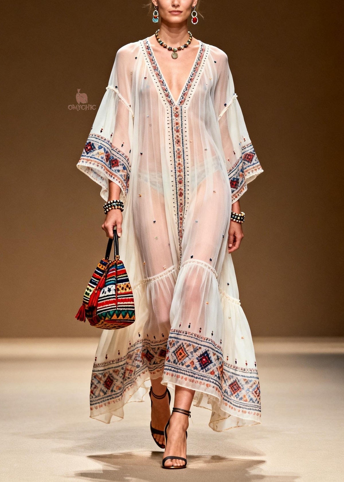 Sheer Chiffon Deep V-Neck Sleeve Embroidered Tiered Maxi Dress