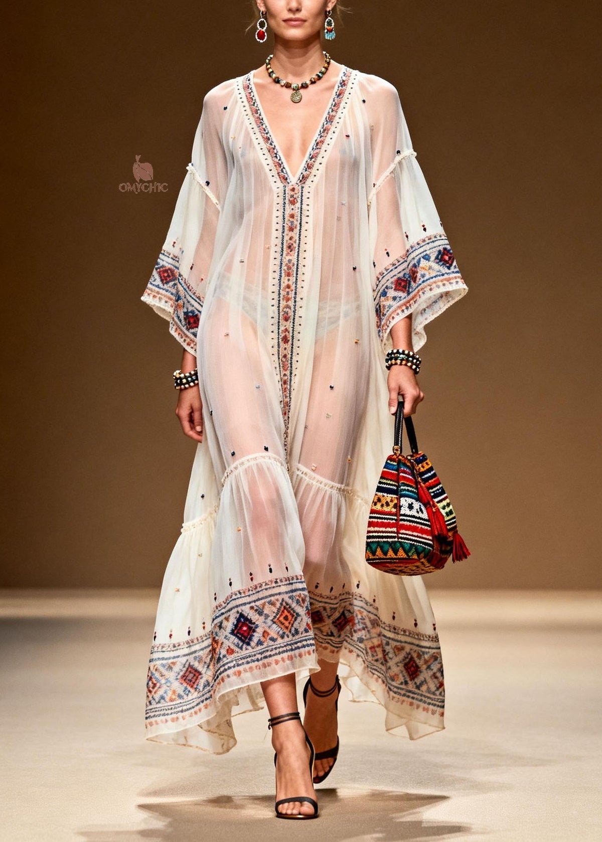 Sheer Chiffon Deep V-Neck Sleeve Embroidered Tiered Maxi Dress - View 3