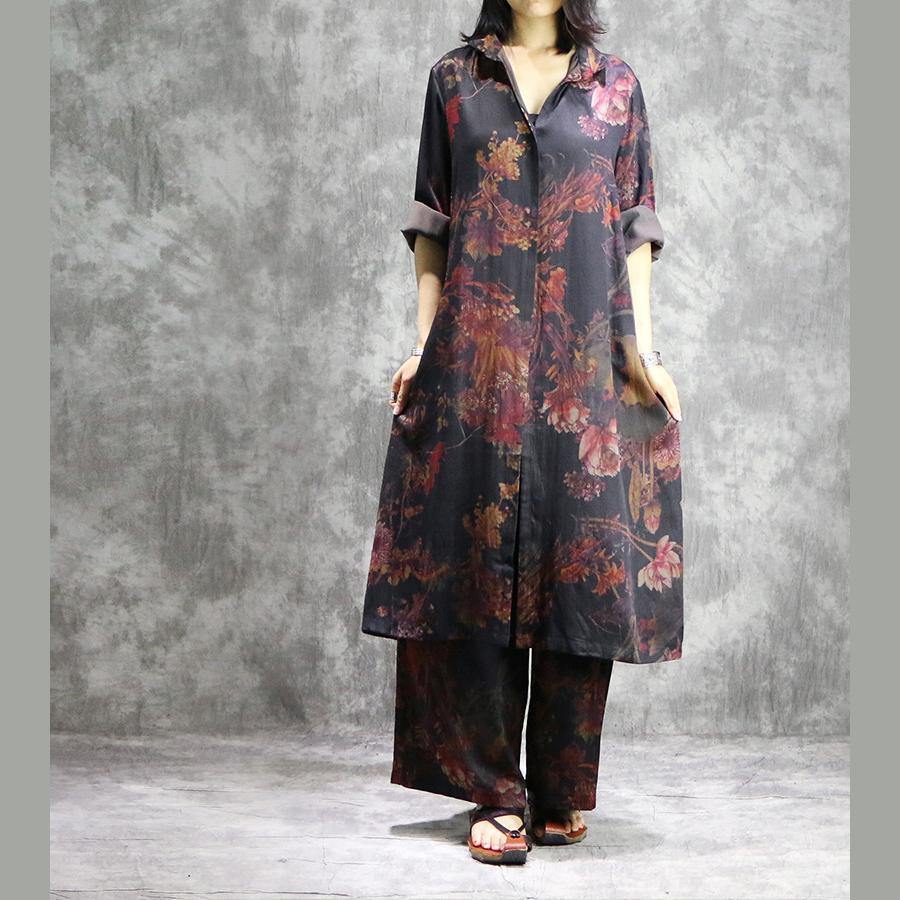 Floral Print Button Front Long Sleeve Shirt Wide Leg Pants Set