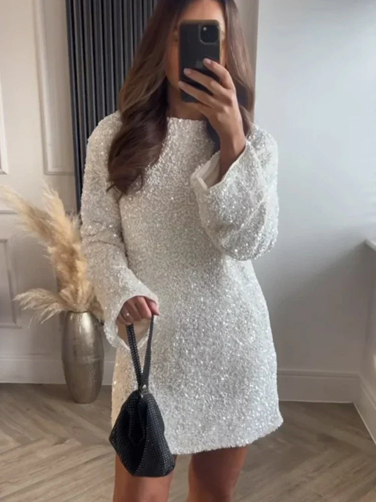Sequin Crew Neck Bell Sleeve Shift Mini Dress - View 5