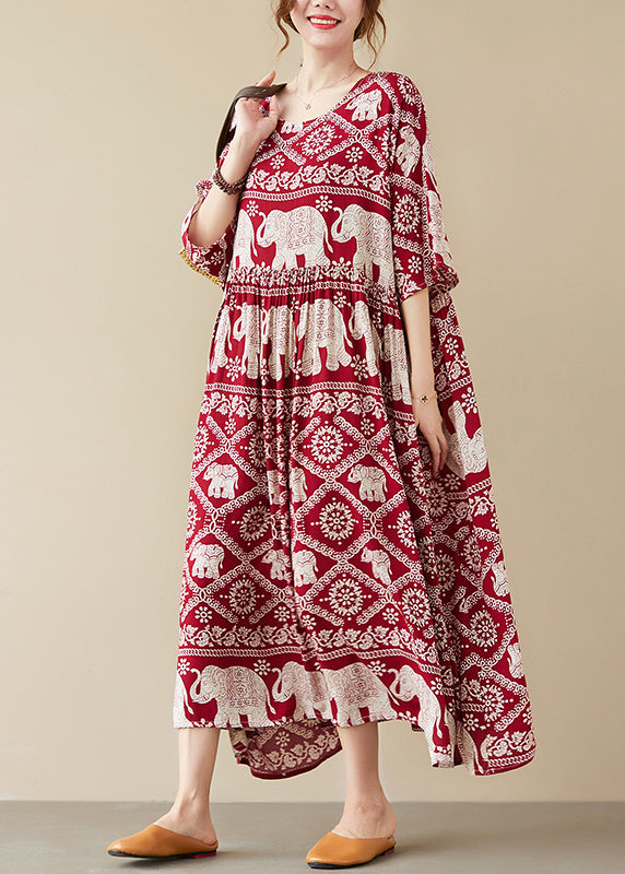 Elephant Print Round Neck Three Quarter Sleeve Maxi Dress