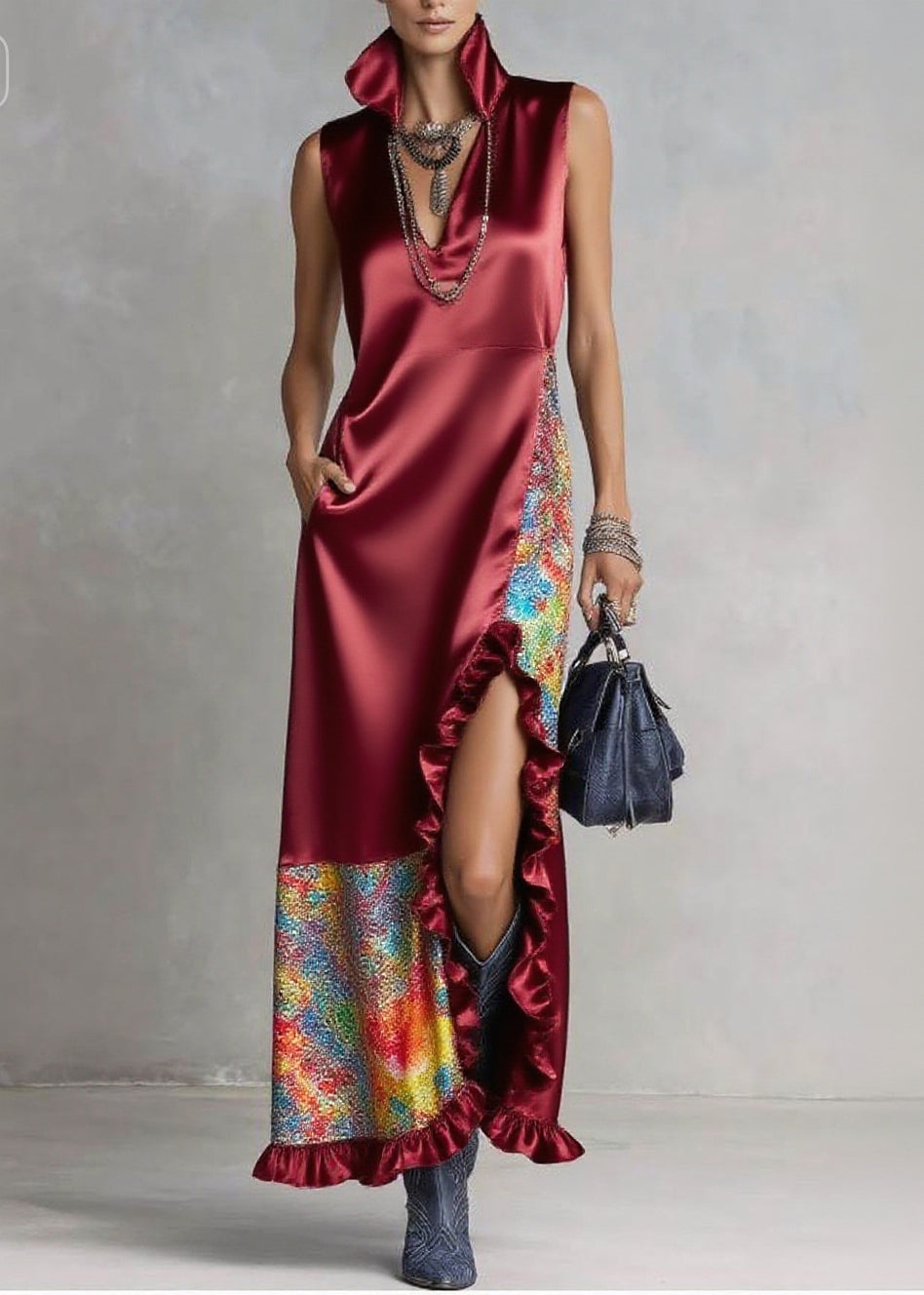 High Collar Deep V-Neck Ruffle Slit Sequin Panel Maxi Dress - View 5