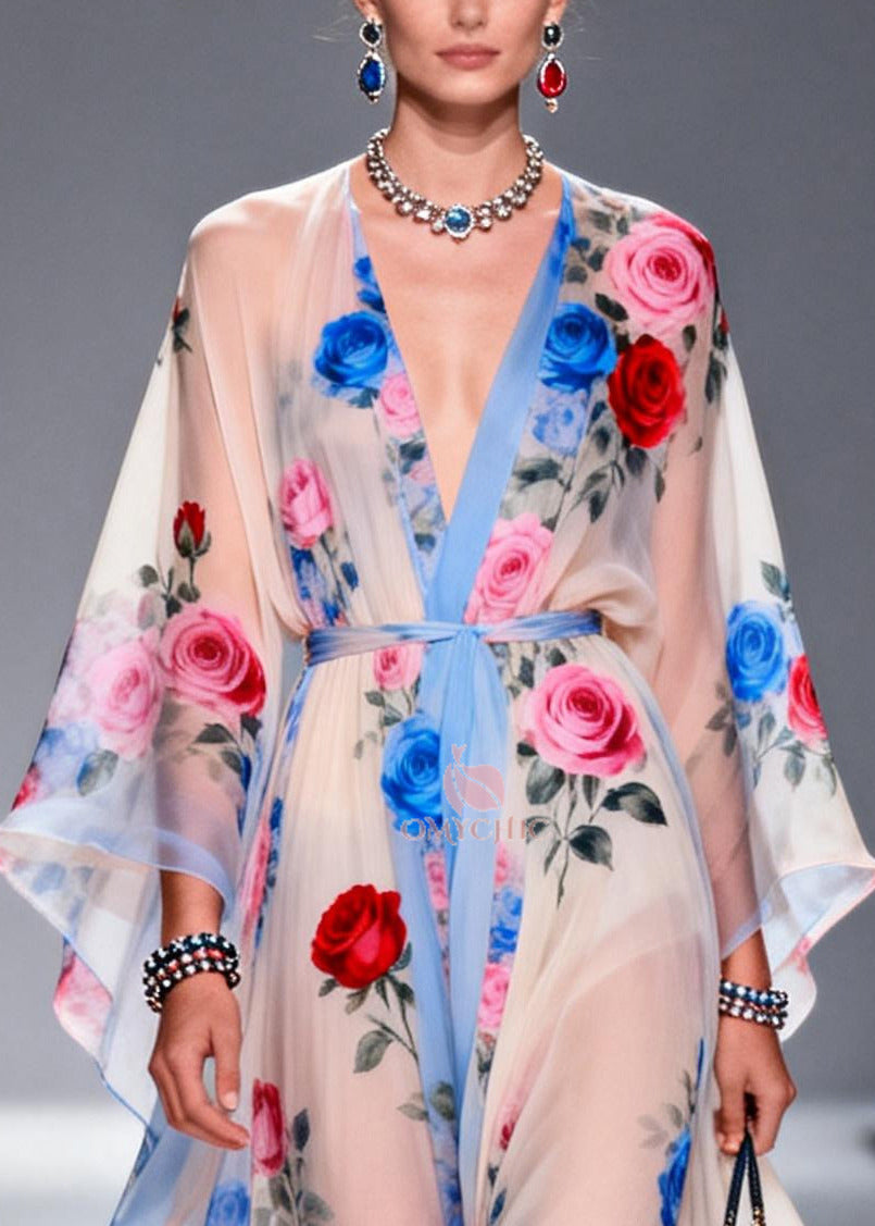 Multicolored Floral Print Chiffon Maxi Dress Tie Waist Summer - View 2