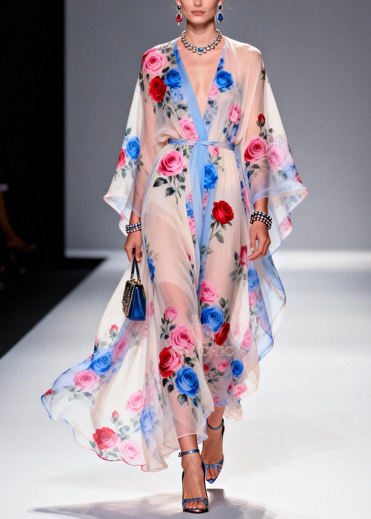 Multicolored Floral Print Chiffon Maxi Dress Tie Waist Summer - View 3