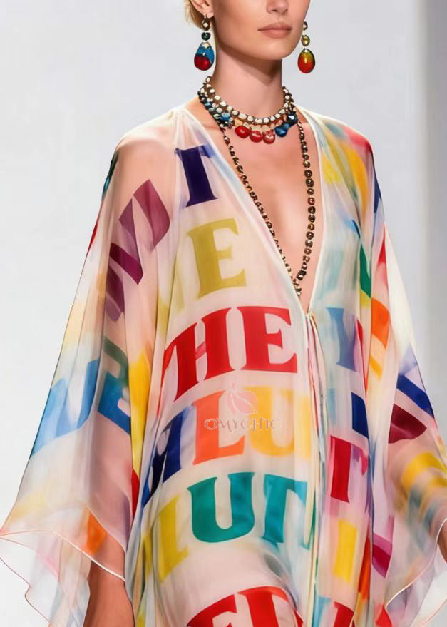 Alphabet Letter Print Deep V-Neck Batwing Sleeve Sheer Maxi Gown - View 2