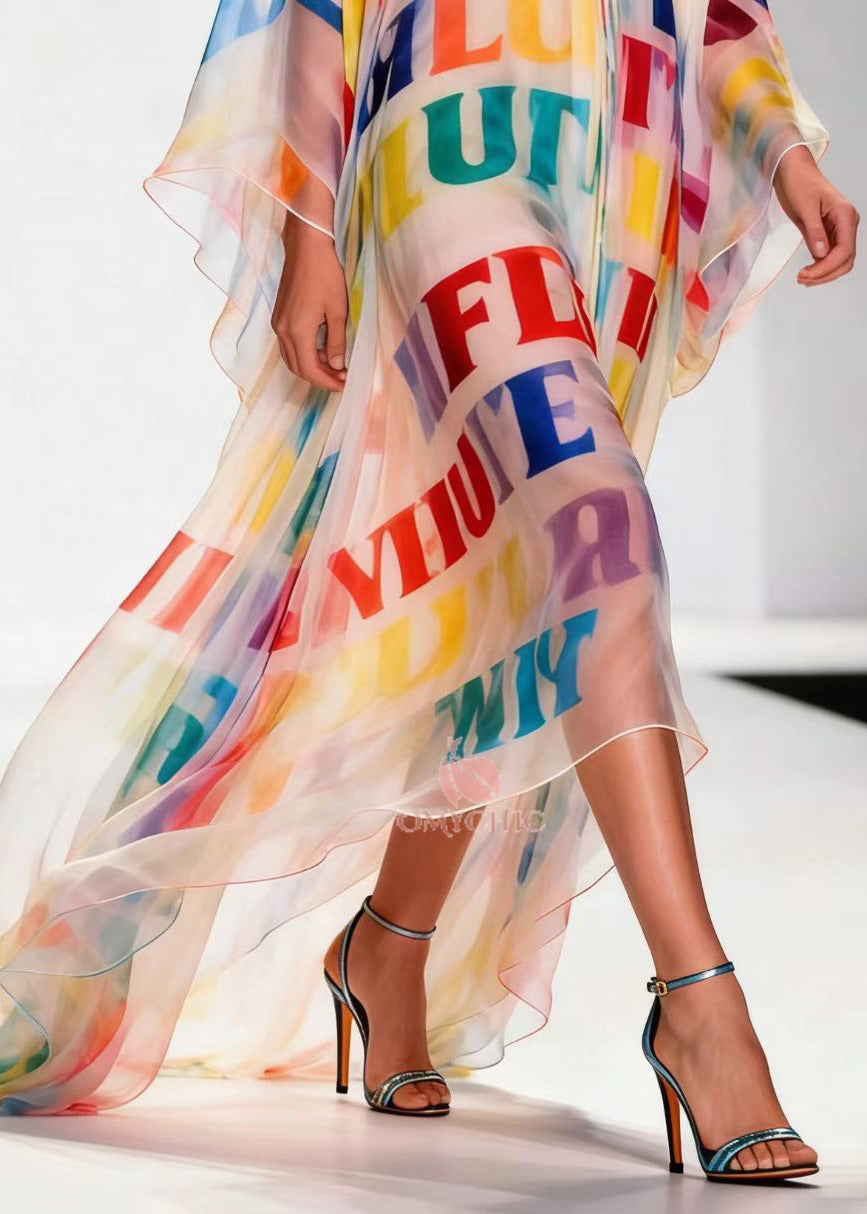 Alphabet Letter Print Deep V-Neck Batwing Sleeve Sheer Maxi Gown - View 4