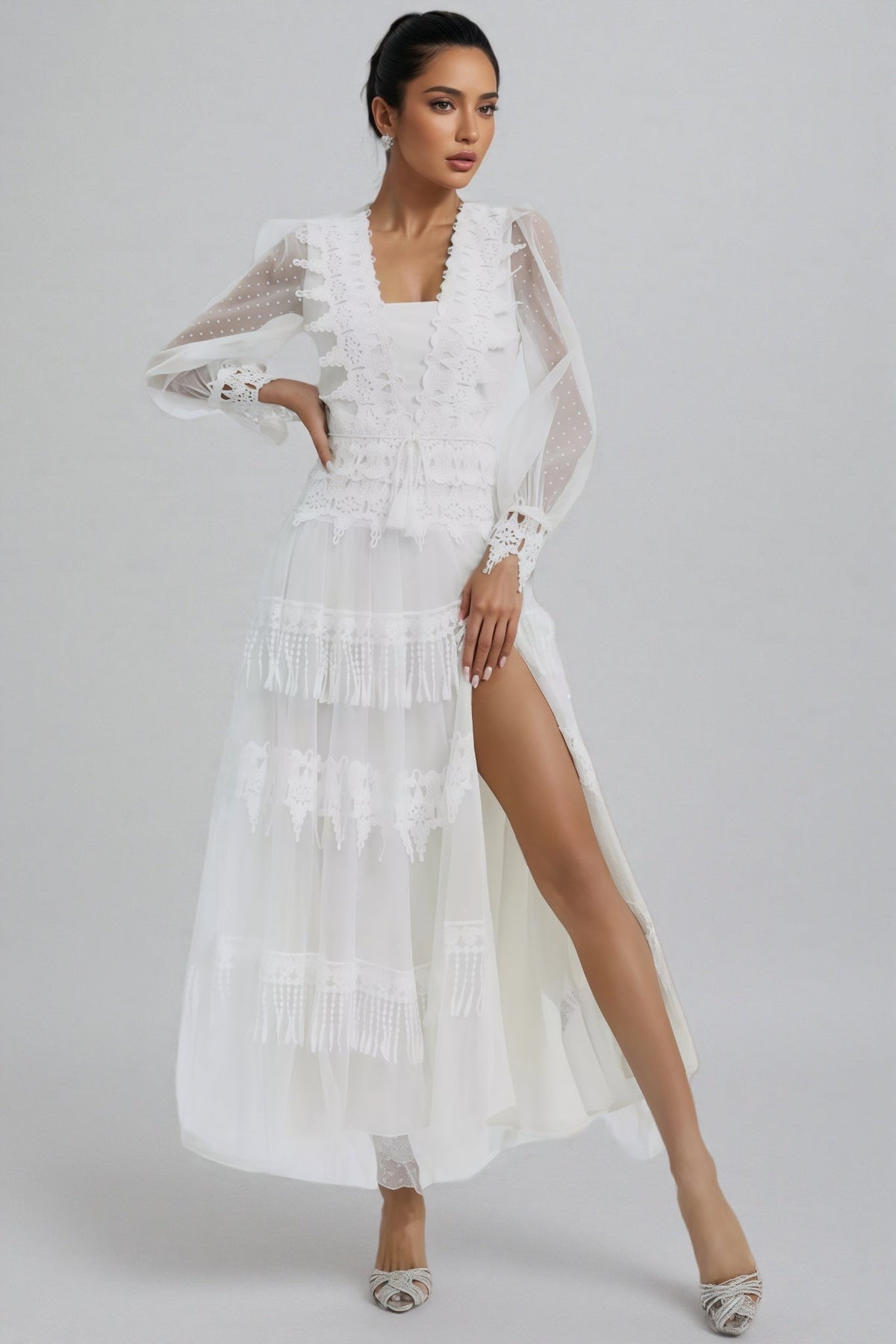 Torind White Lace Mesh Maxi Dress - View 3