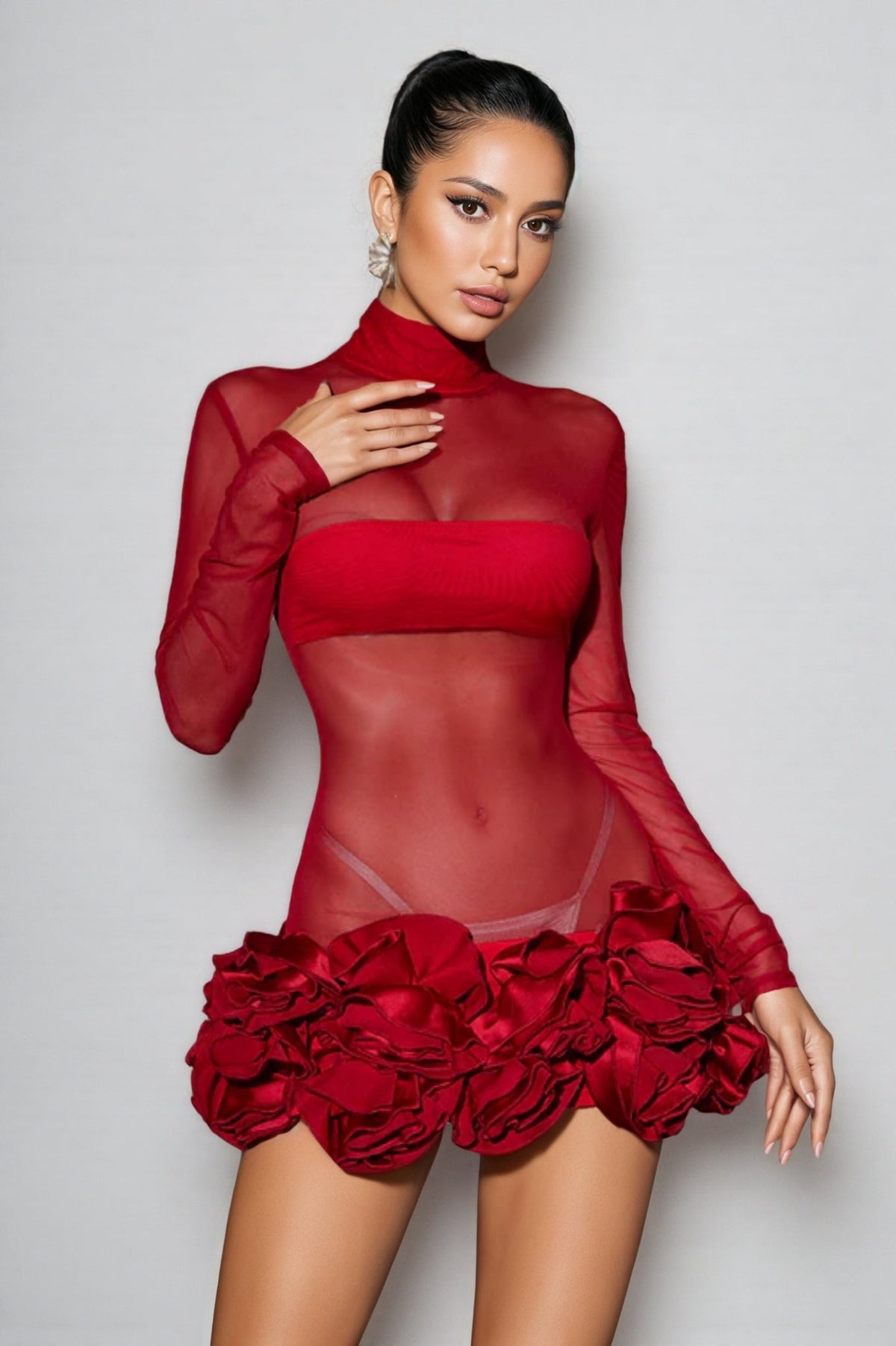 Sheer Mesh High Neck Long Sleeve Rosette Ruffle Hem Mini Dress