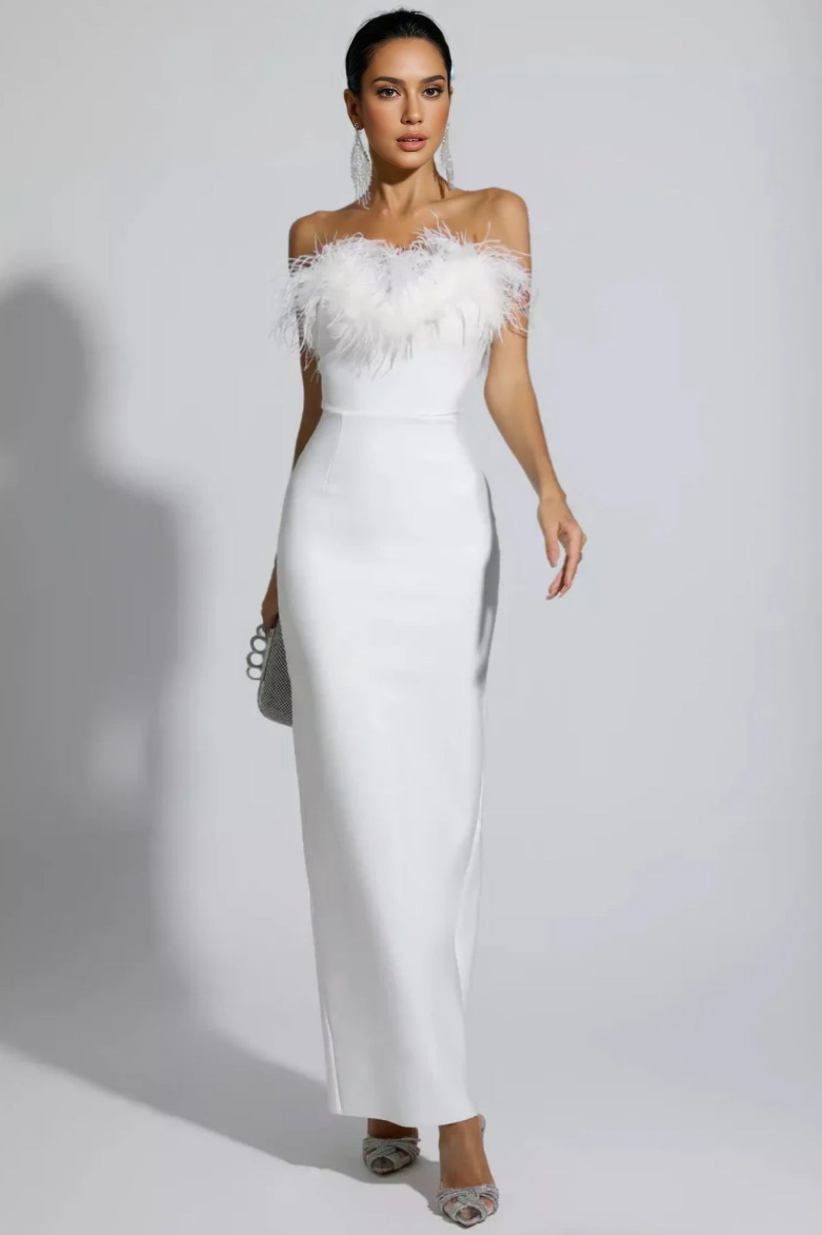 Viane White Feather Tassel Maxi Dress