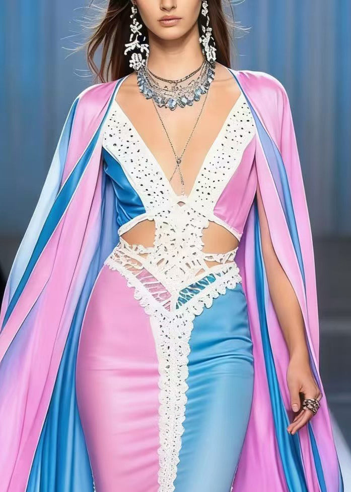 Deep V-Neck Cut Out Chiffon Lace Trim Waist Cape Panel Maxi Gown - View 2