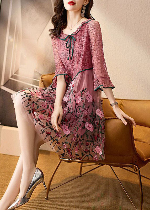 Lace Keyhole Bow Neck Bell Sleeve Embroidered Tulle Midi Dress