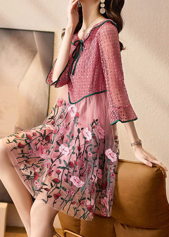 Lace Keyhole Bow Neck Bell Sleeve Embroidered Tulle Midi Dress - View 3