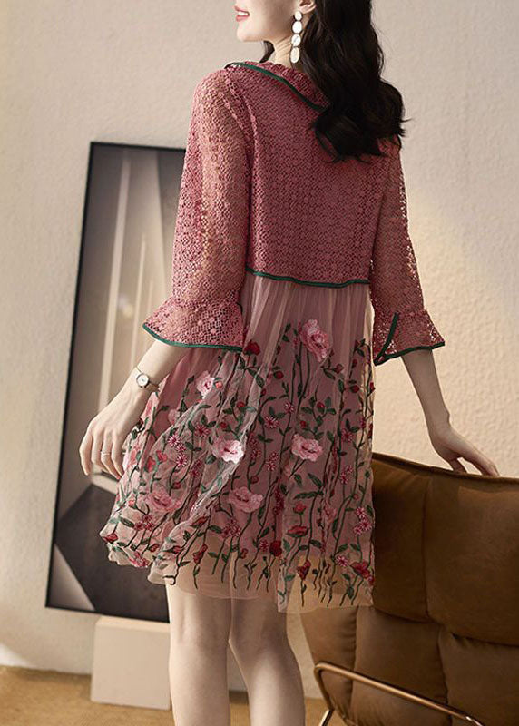 Lace Keyhole Bow Neck Bell Sleeve Embroidered Tulle Midi Dress - View 4