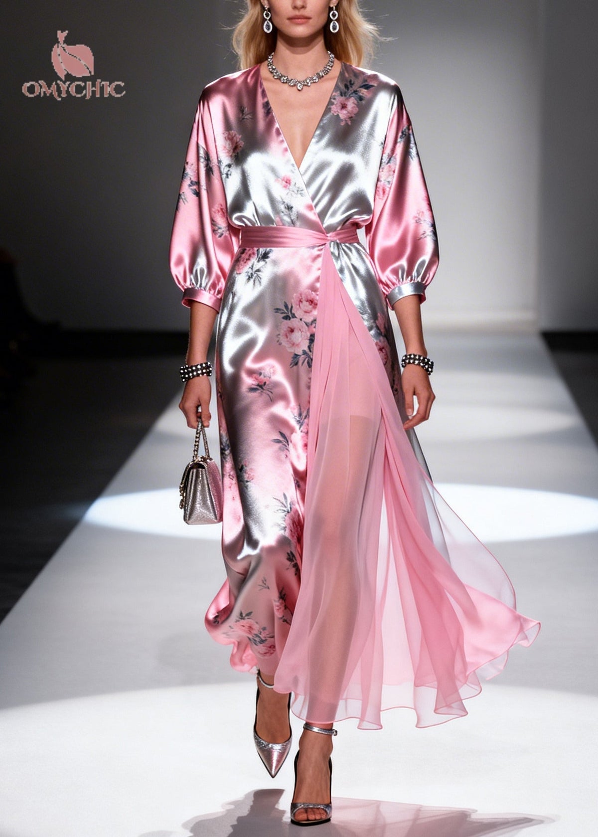 Satin Floral Print Deep V-Neck Puff Sleeve Chiffon Wrap Maxi Gown