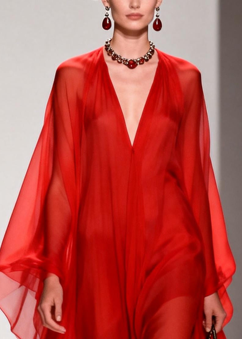 Chiffon Deep V-Neck Billowing Cape Sleeve Sheer Kaftan Maxi Gown - View 2