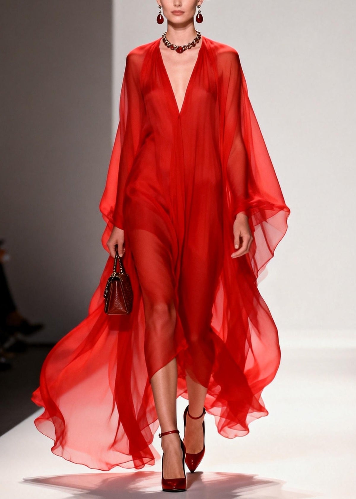 Chiffon Deep V-Neck Billowing Cape Sleeve Sheer Kaftan Maxi Gown - View 3