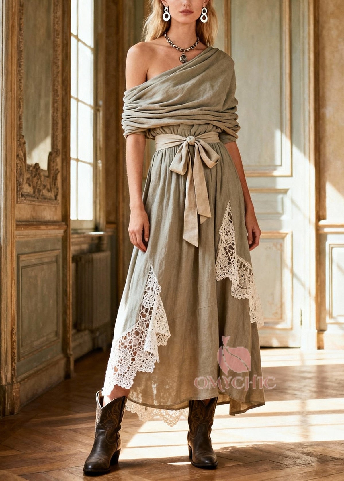 One Shoulder Draped Tie Waist Lace Panel Insert Linen Maxi Dress - View 5