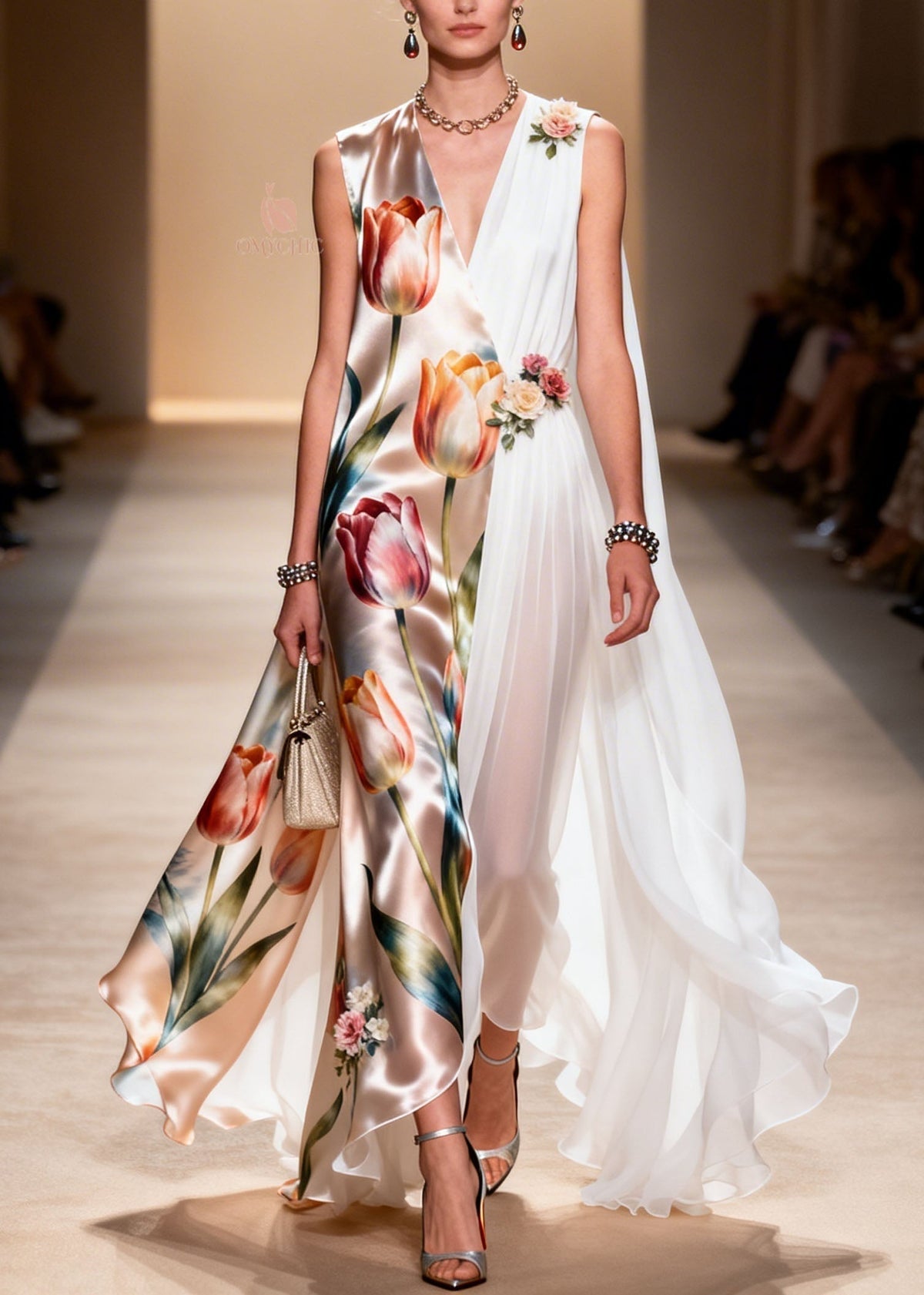 Tulip Floral Satin Chiffon Panel Deep V-Neck Cape Maxi Gown