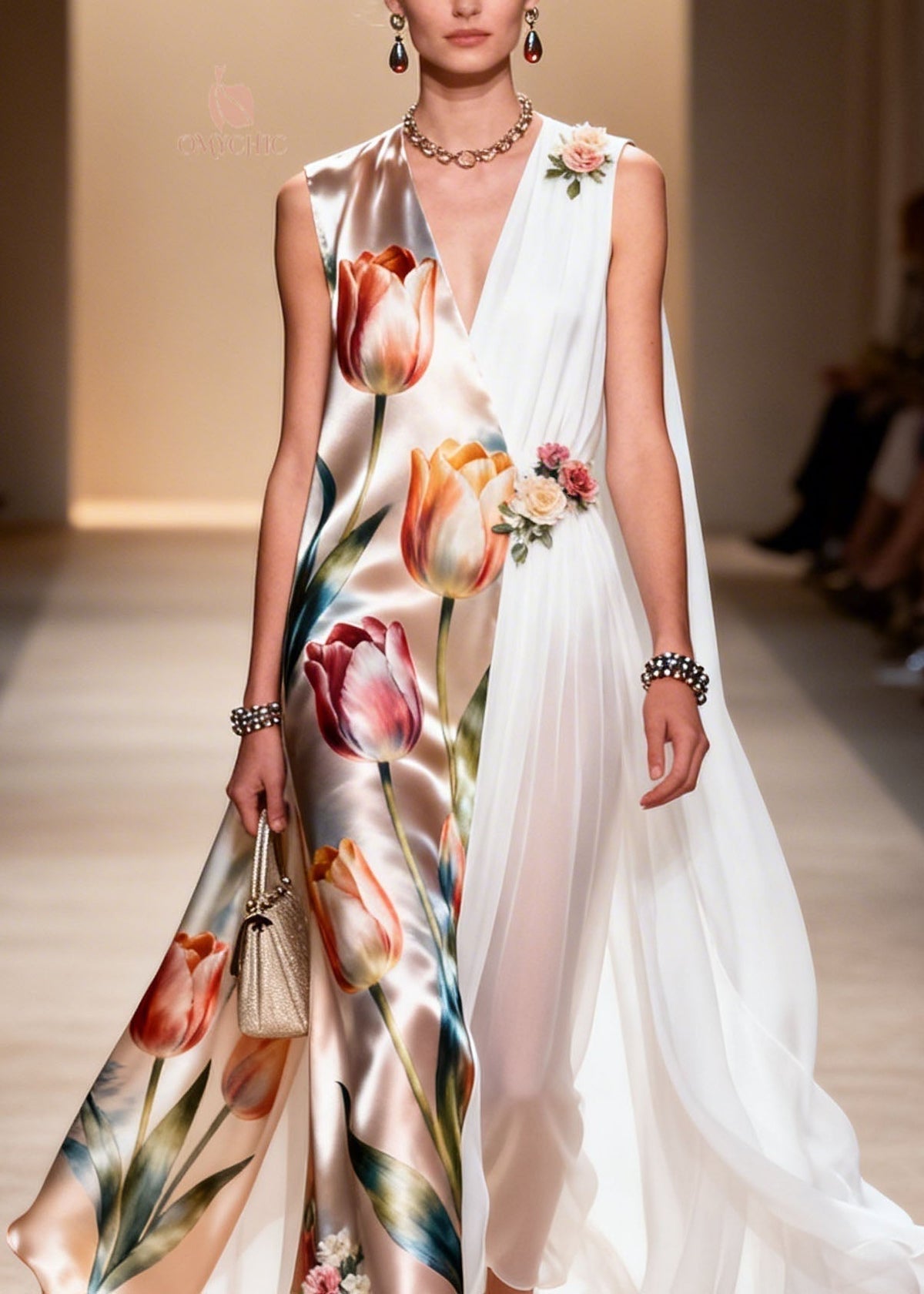 Tulip Floral Satin Chiffon Panel Deep V-Neck Cape Maxi Gown - View 2