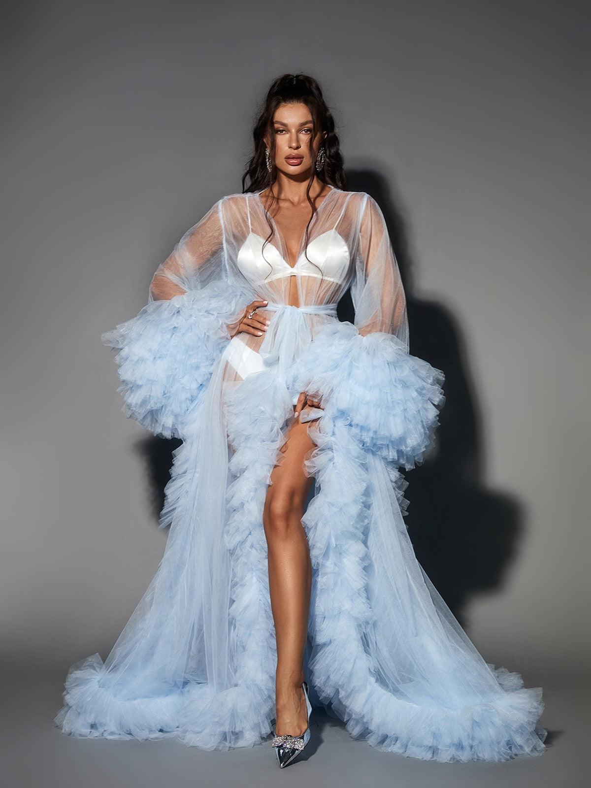 Nebula Long Sleeve Tulle Maxi Dress In Sky