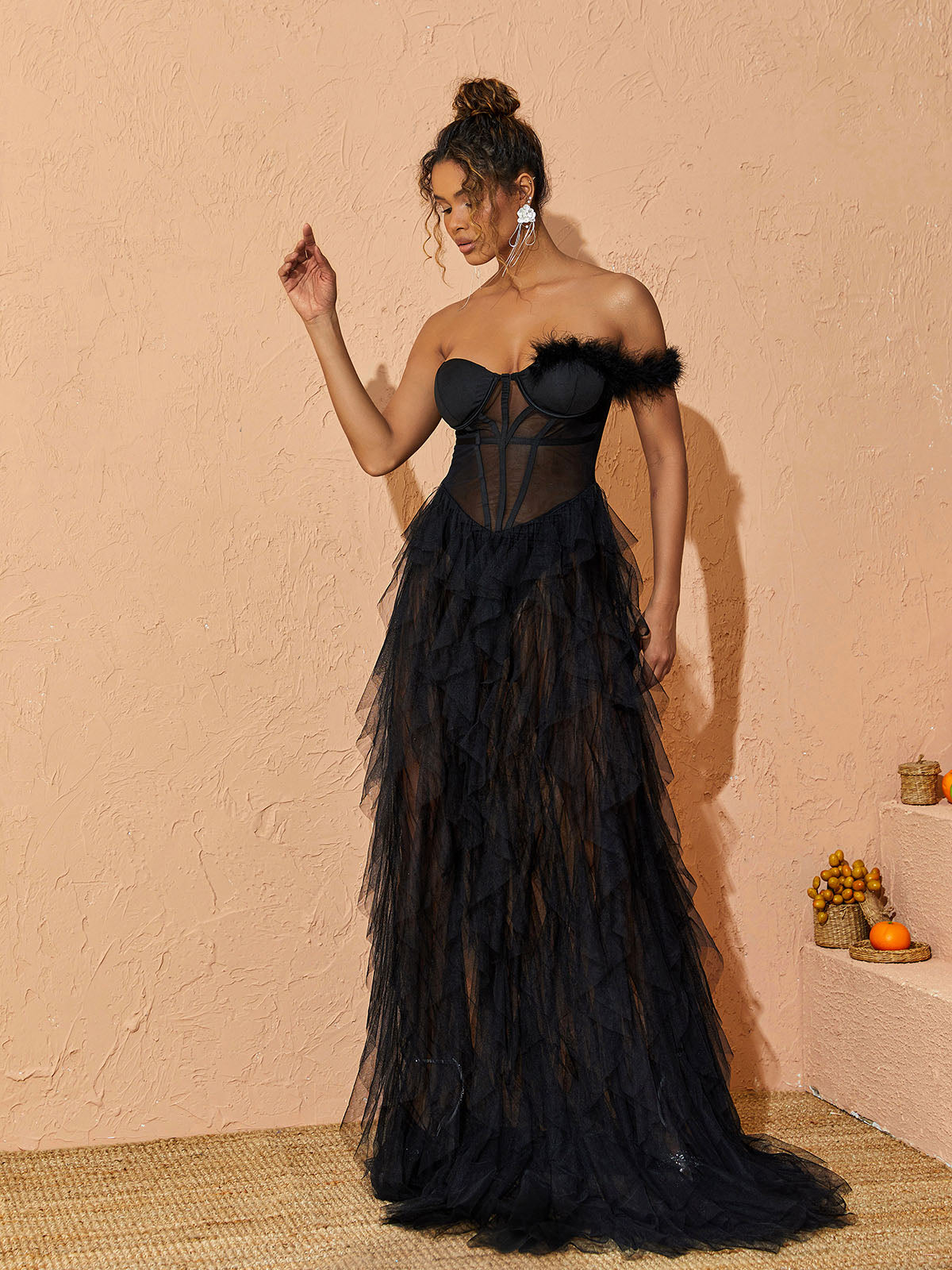 Titania One Shoulder Tulle Maxi Dress In Black - View 4