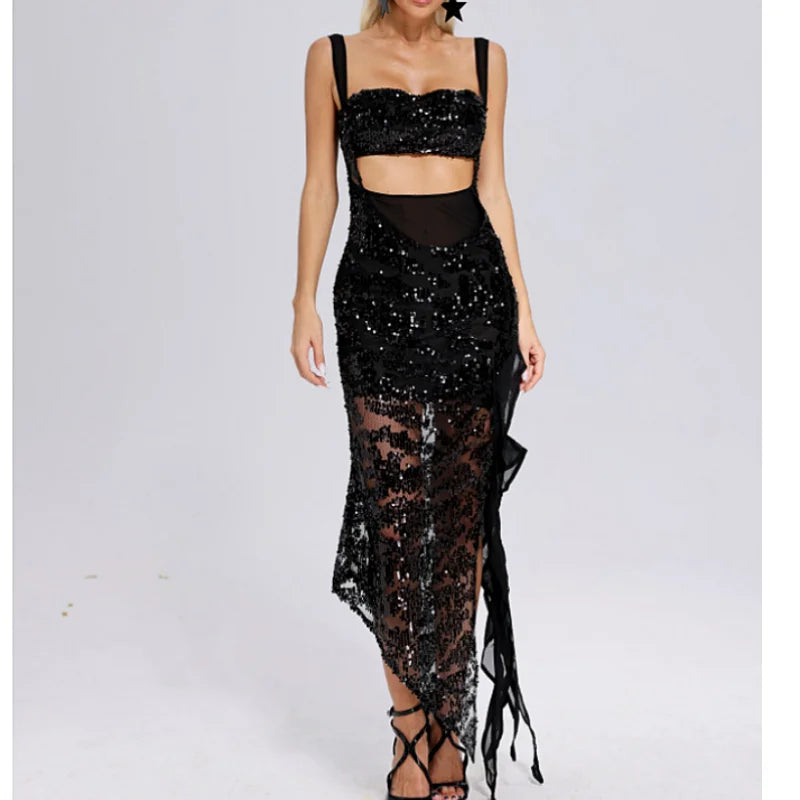Square Neck Cut Out Sheer Sequin Asymmetric Hem Maxi Dress