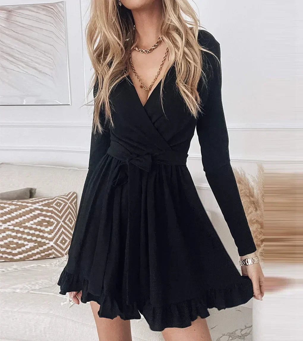 Lace Up Ruffle V Neck Midi Dress