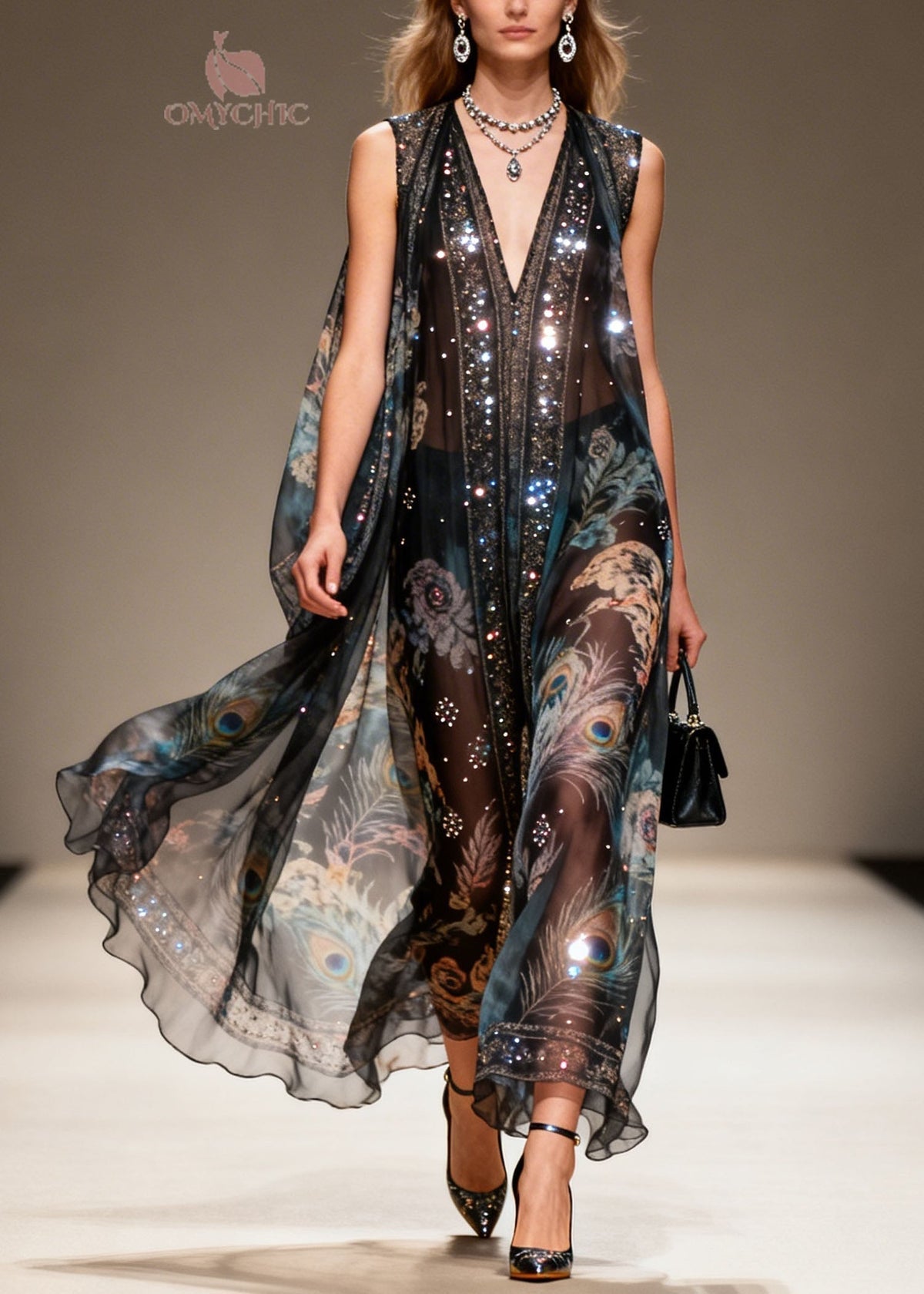 Sequin Chiffon Peacock Floral Print Deep V-Neck Cape Maxi Gown