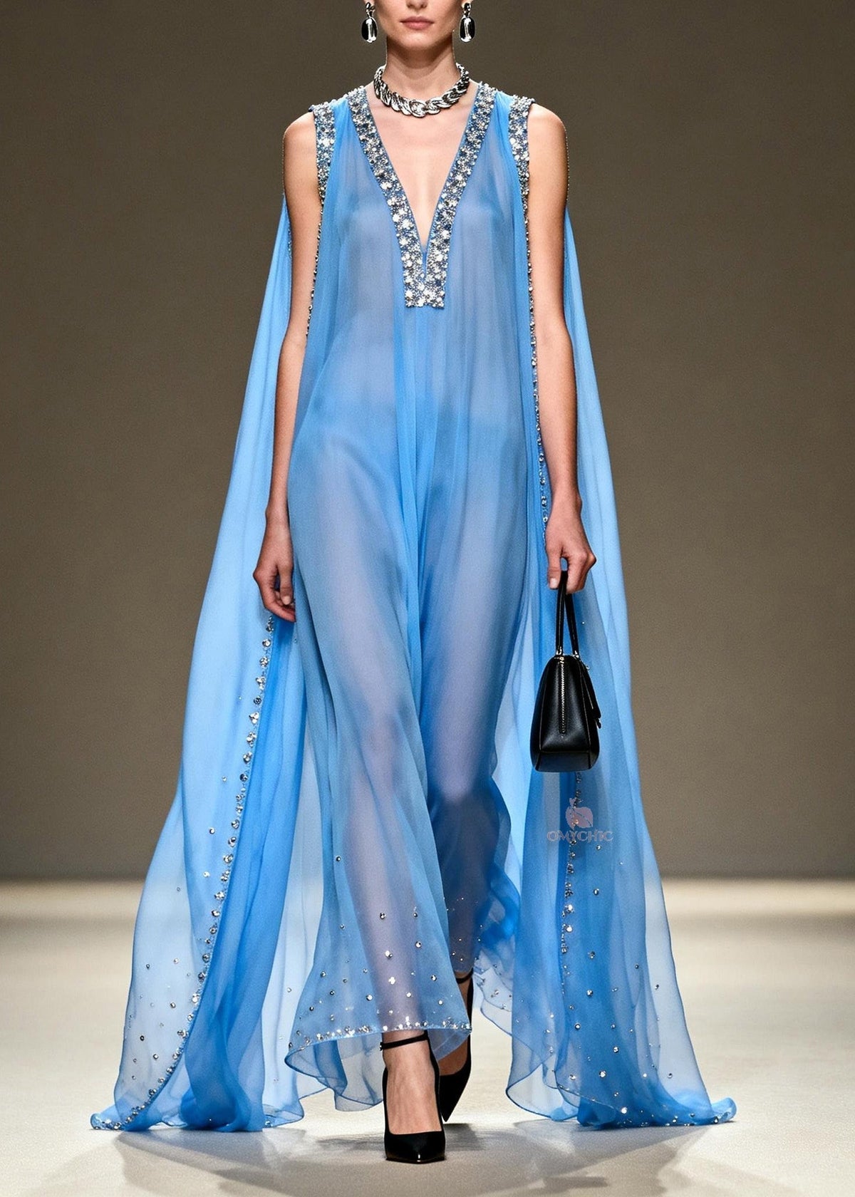 New Blue V Neck Zircon Patchwork Chiffon Maxi Dresses Summer - View 3