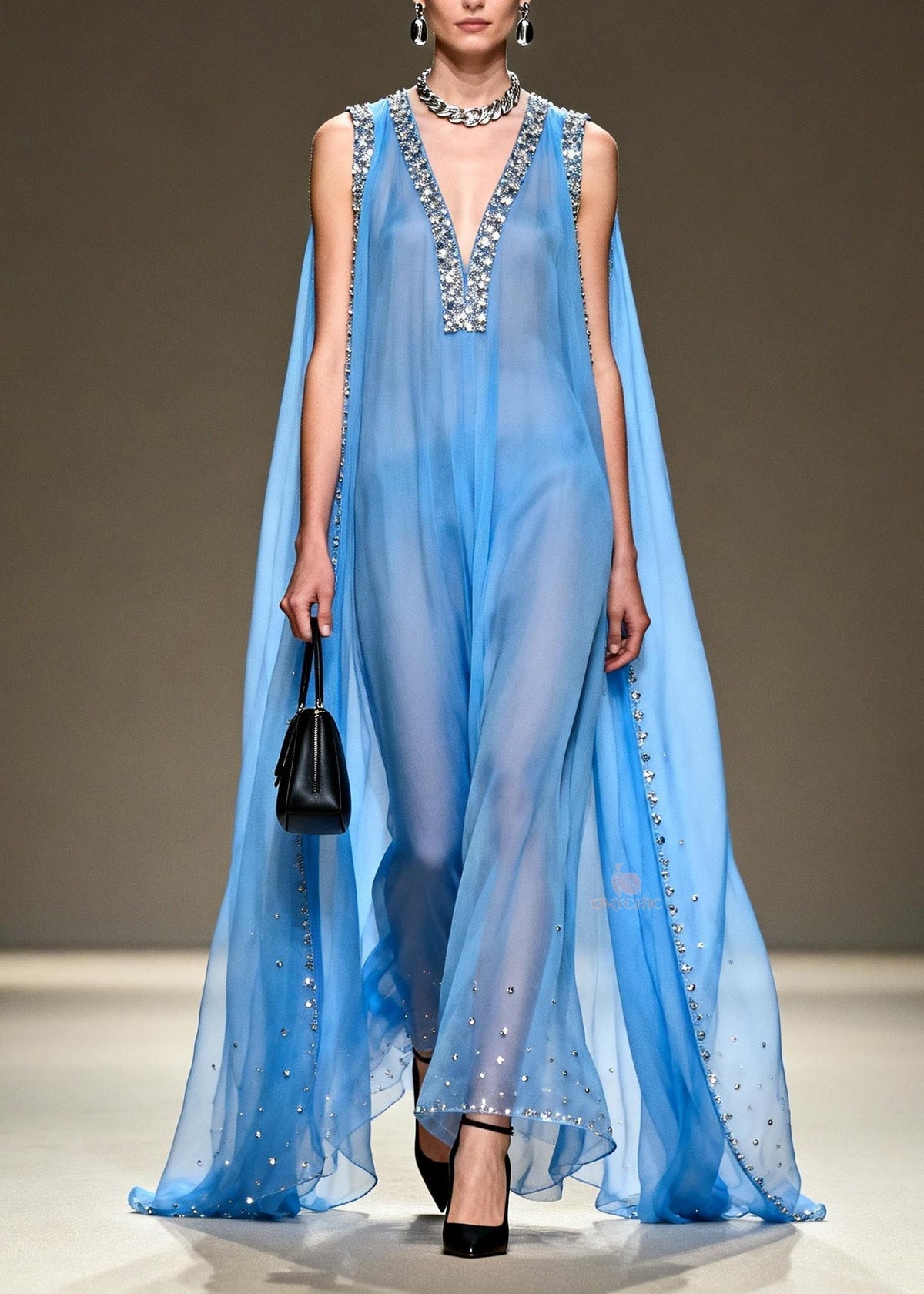 New Blue V Neck Zircon Patchwork Chiffon Maxi Dresses Summer - View 5
