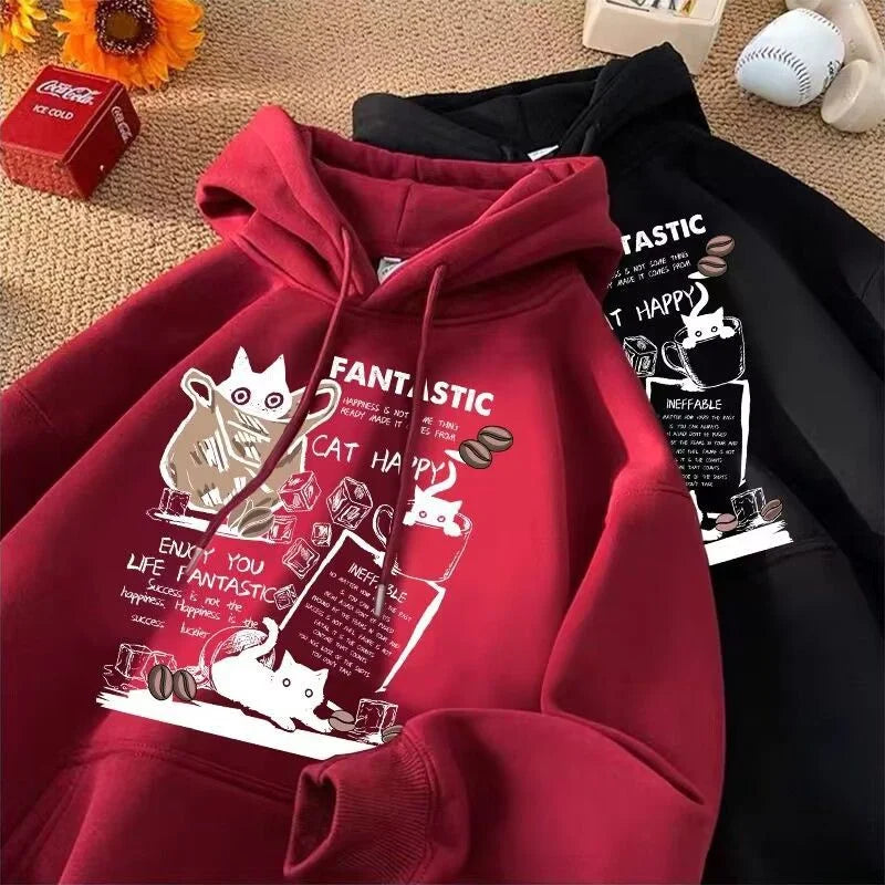Cat Cartoon Printed Pullover Hoodie