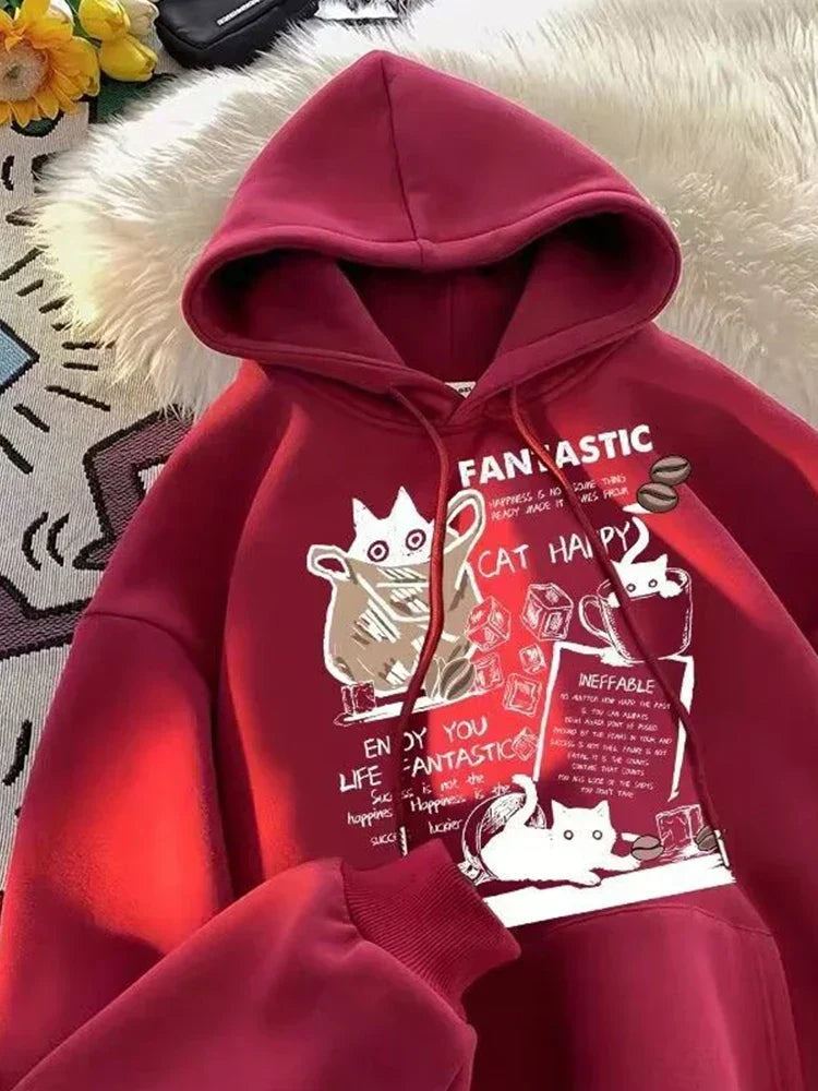Cat Cartoon Printed Pullover Hoodie Red / M(40-45KG)