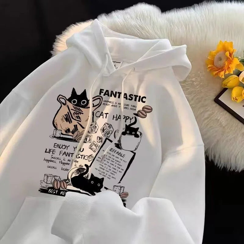 Cat Cartoon Printed Pullover Hoodie