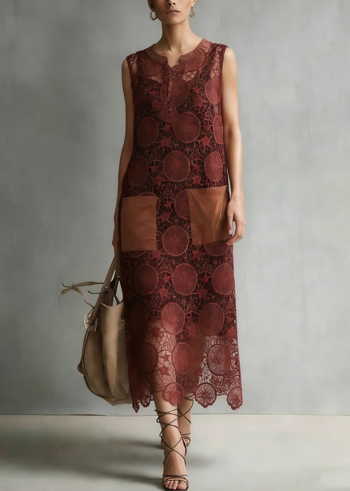 Lace Circular Motif Split Neck Patch Pocket Scalloped Midi Dress