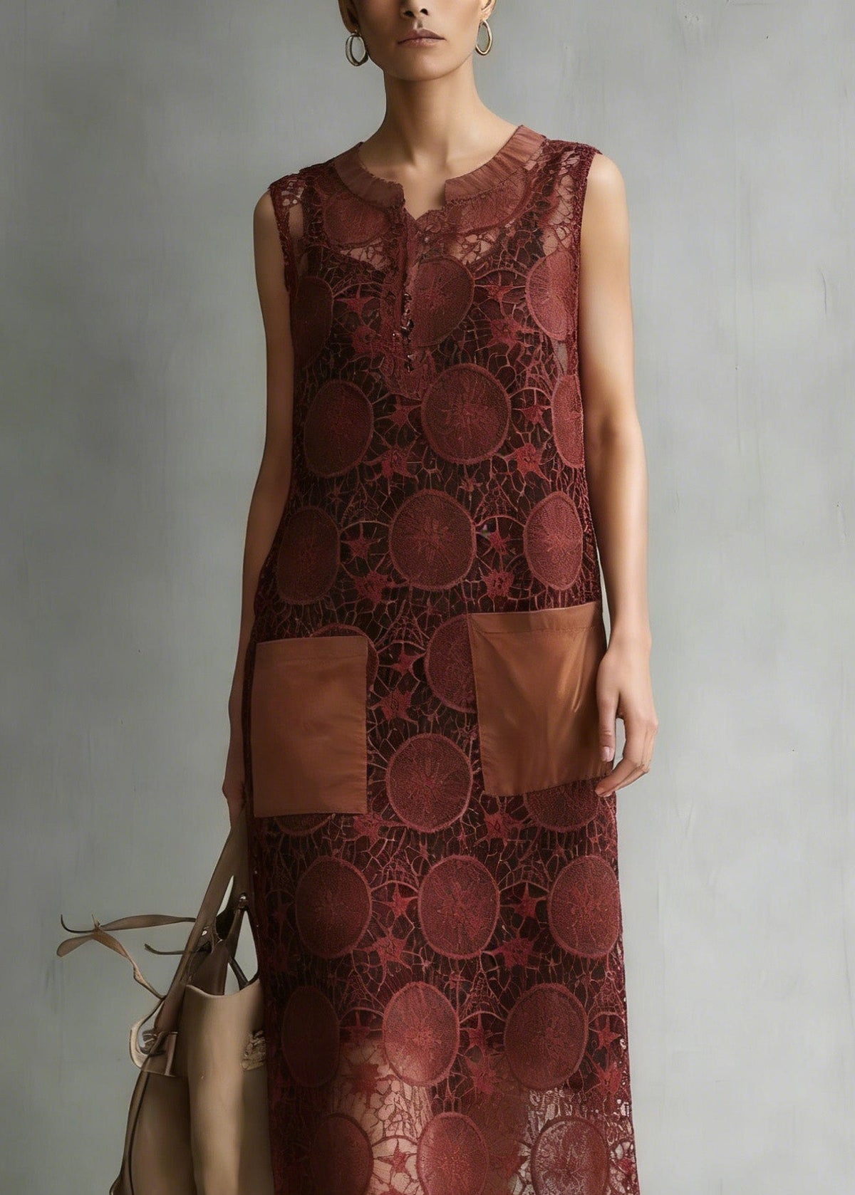 Lace Circular Motif Split Neck Patch Pocket Scalloped Midi Dress - View 2