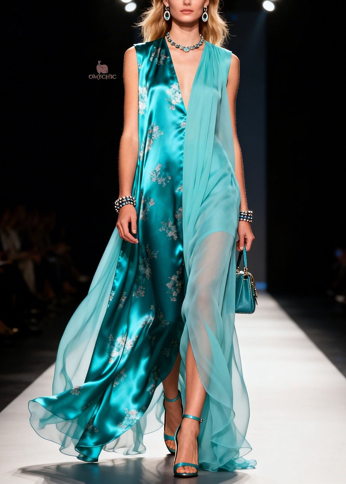 Chiffon Floral V-Neck Sleeveless Sheer Overlay Panel Maxi Dress - View 5