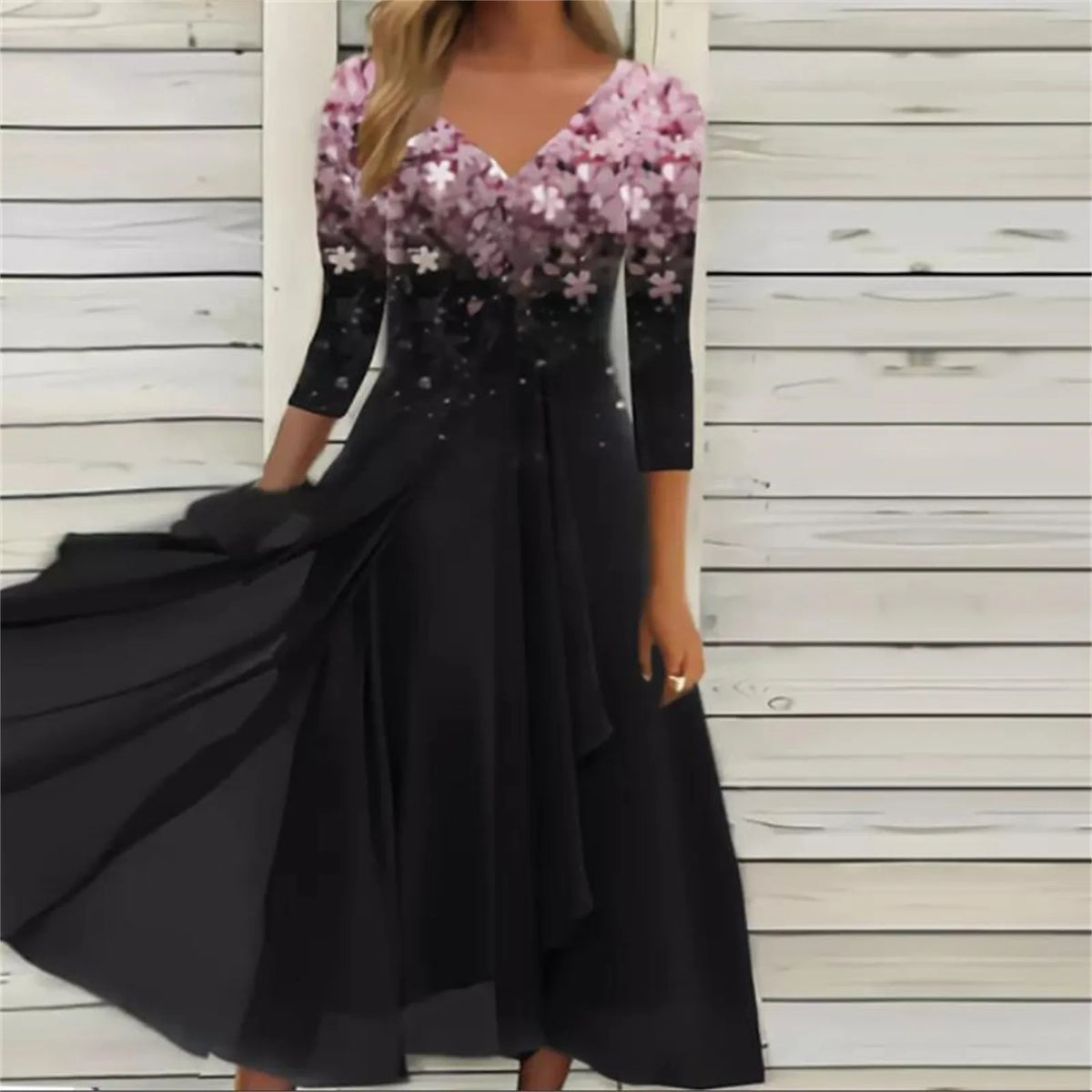 Floral Print Lace Half Sleeve A-Line Maxi Dress - View 2