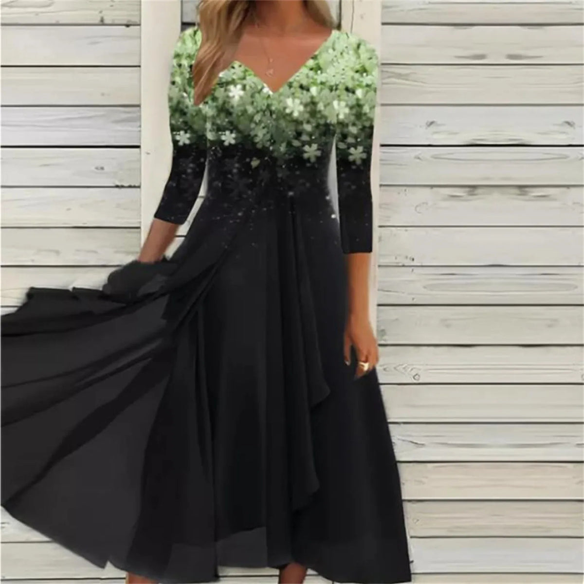 Floral Print Lace Half Sleeve A-Line Maxi Dress - View 4