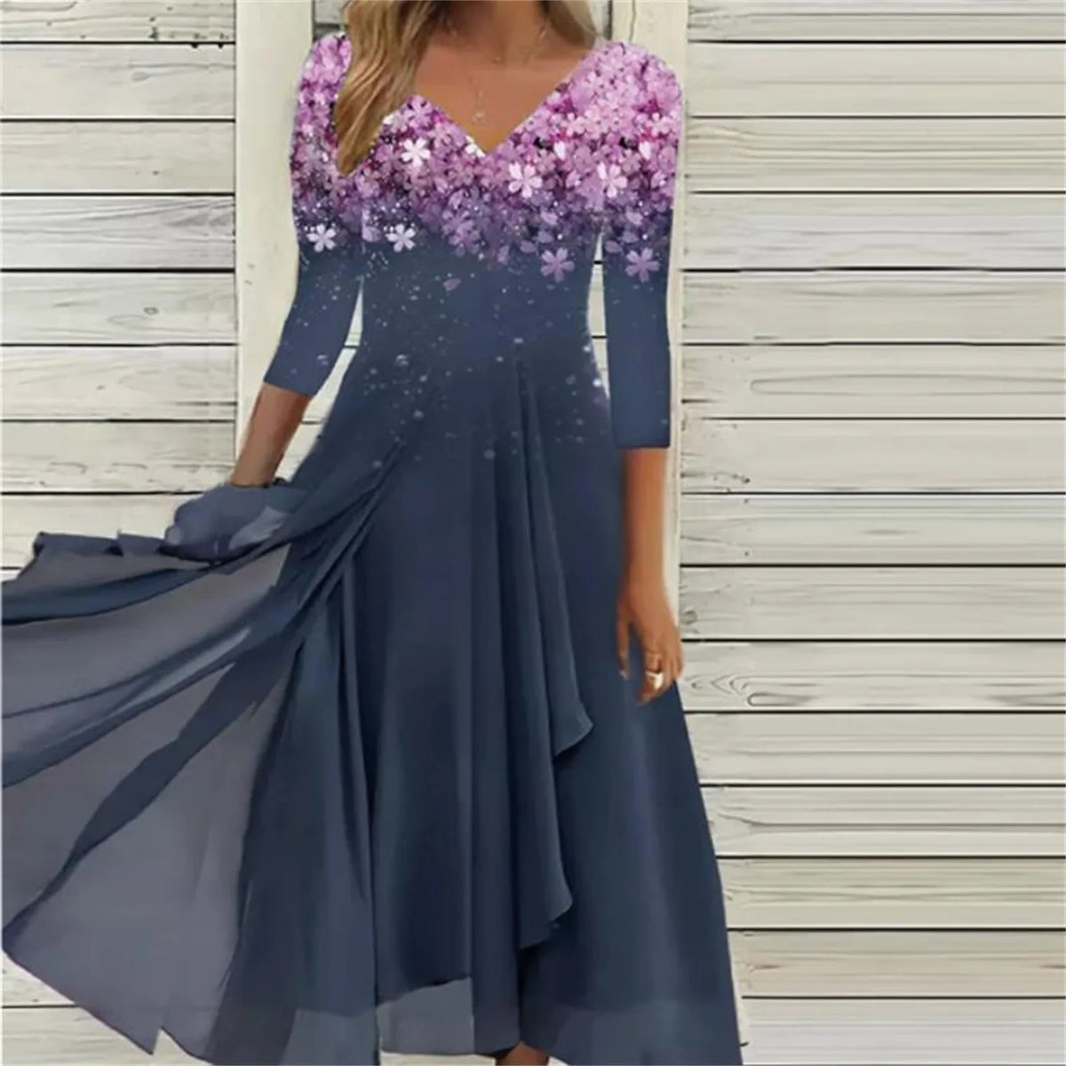 Floral Print Lace Half Sleeve A-Line Maxi Dress - View 3