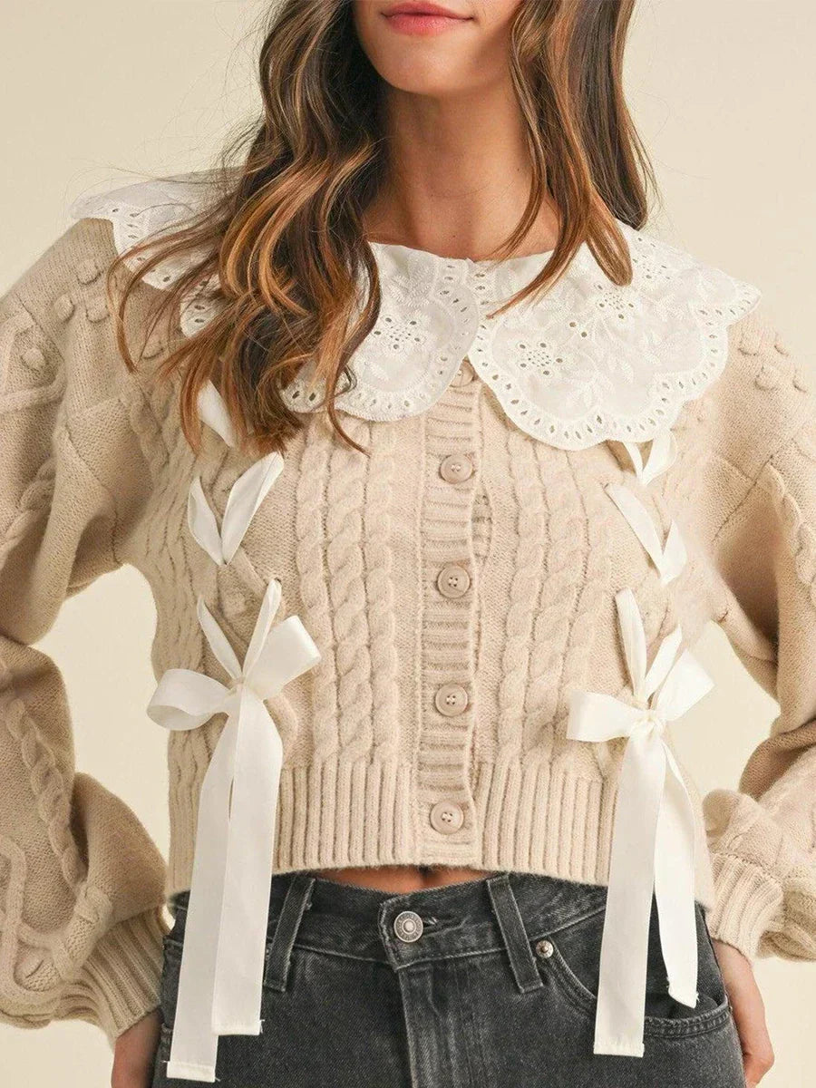 Doll Collar Tie-Up Long Sleeve Knit Cardigan white / S