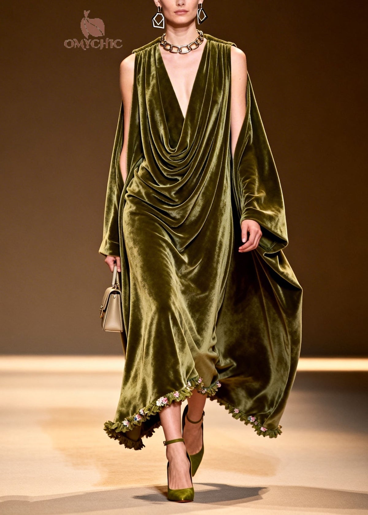 Velvet Cowl Neck Slit Cape Sleeve Floral Embroidered Maxi Gown