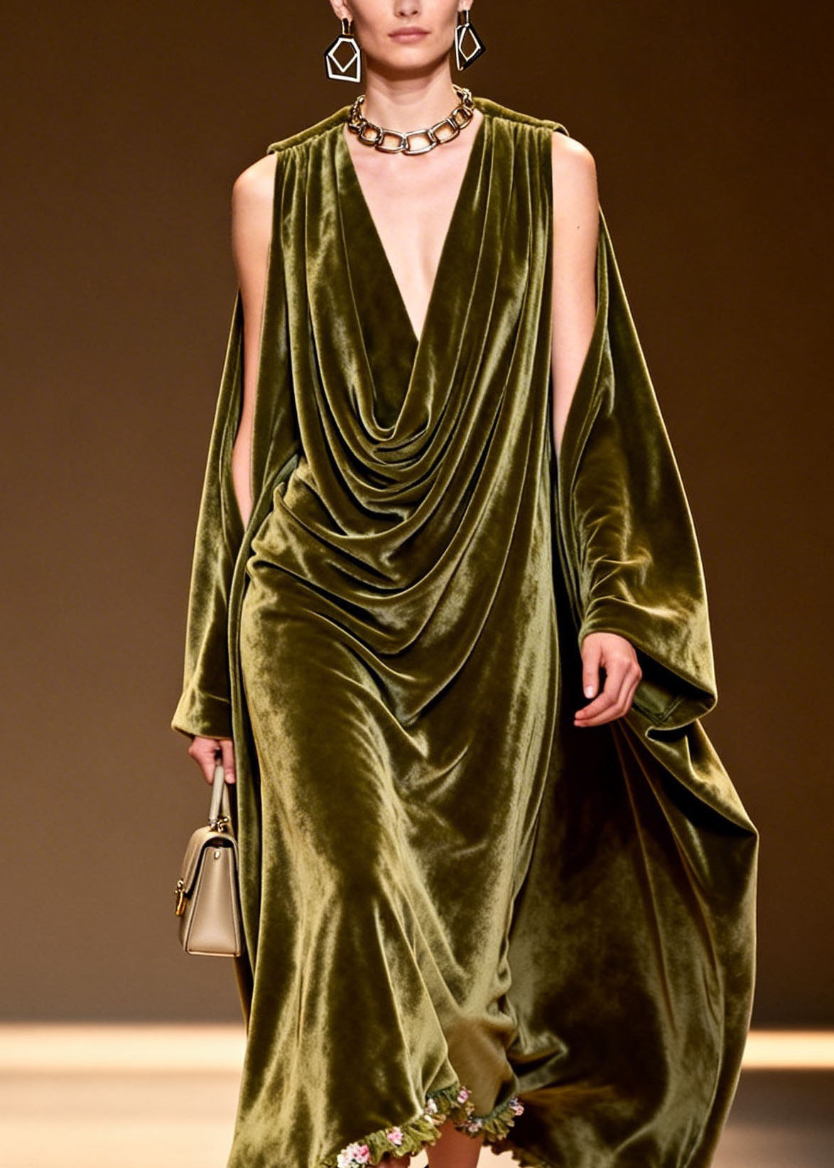 Velvet Cowl Neck Slit Cape Sleeve Floral Embroidered Maxi Gown - View 2