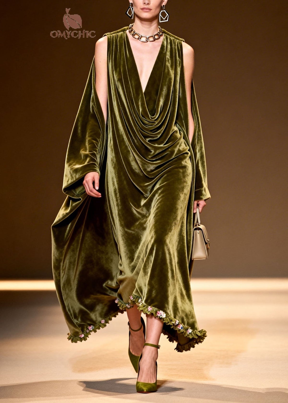 Velvet Cowl Neck Slit Cape Sleeve Floral Embroidered Maxi Gown - View 3