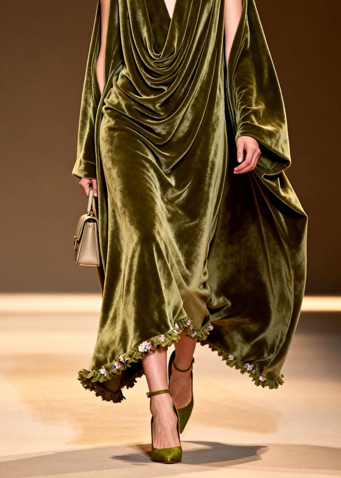 Velvet Cowl Neck Slit Cape Sleeve Floral Embroidered Maxi Gown - View 4