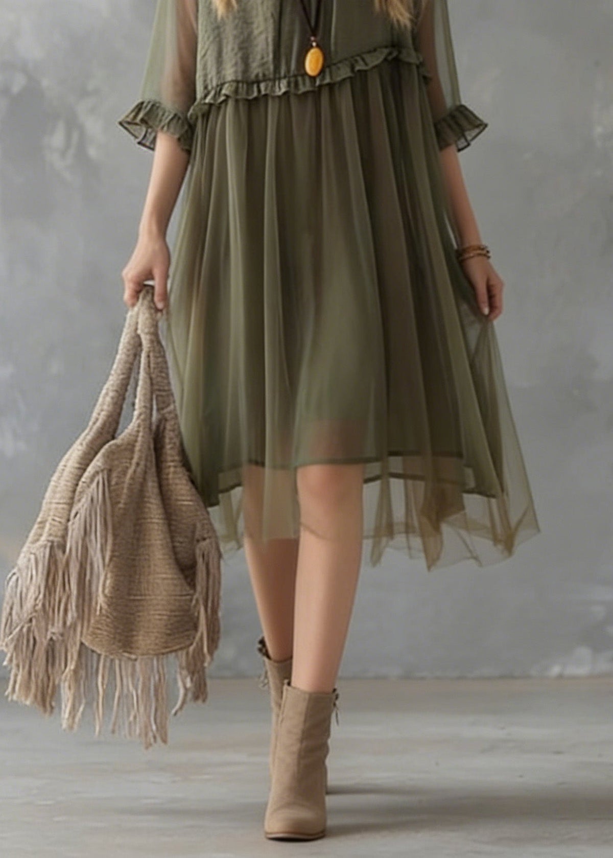 New Green Ruffled Tulle Patchwork Chiffon Dresses Summer - View 4