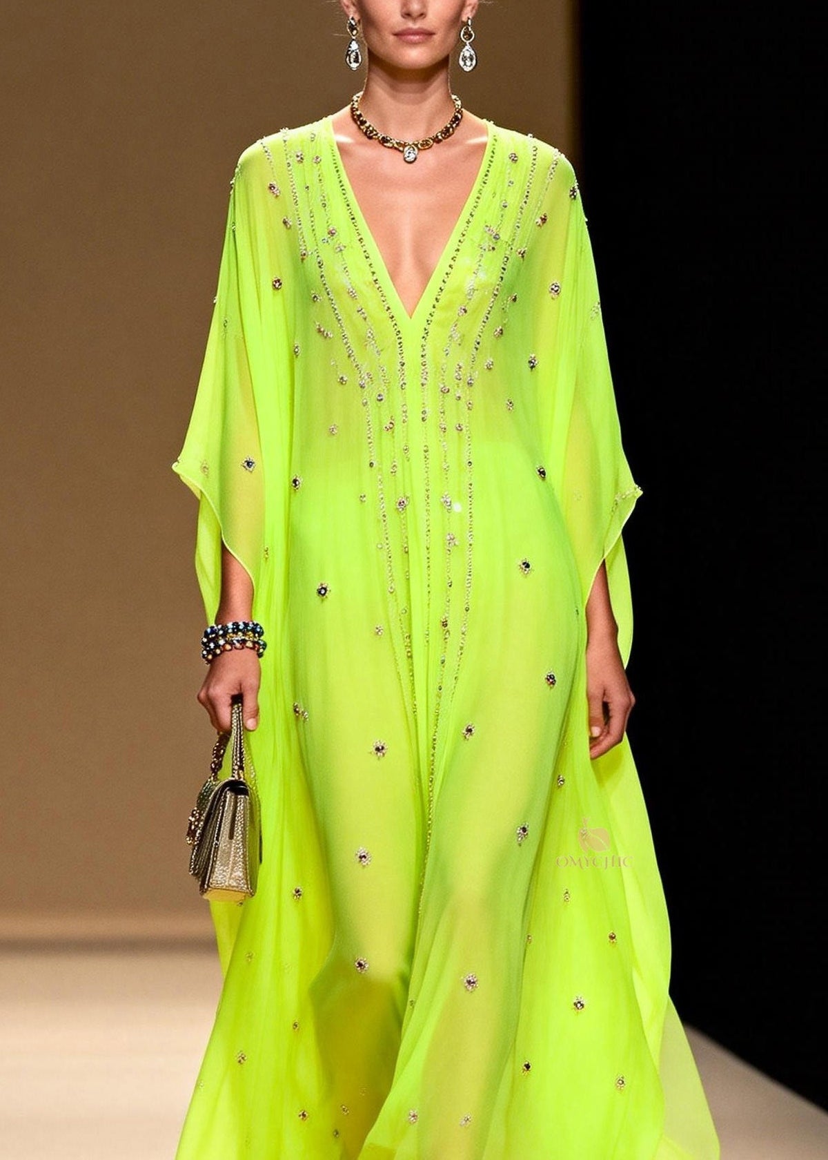 Rhinestone Scatter Deep V-Neck Batwing Sleeve Sheer Maxi Gown - View 2