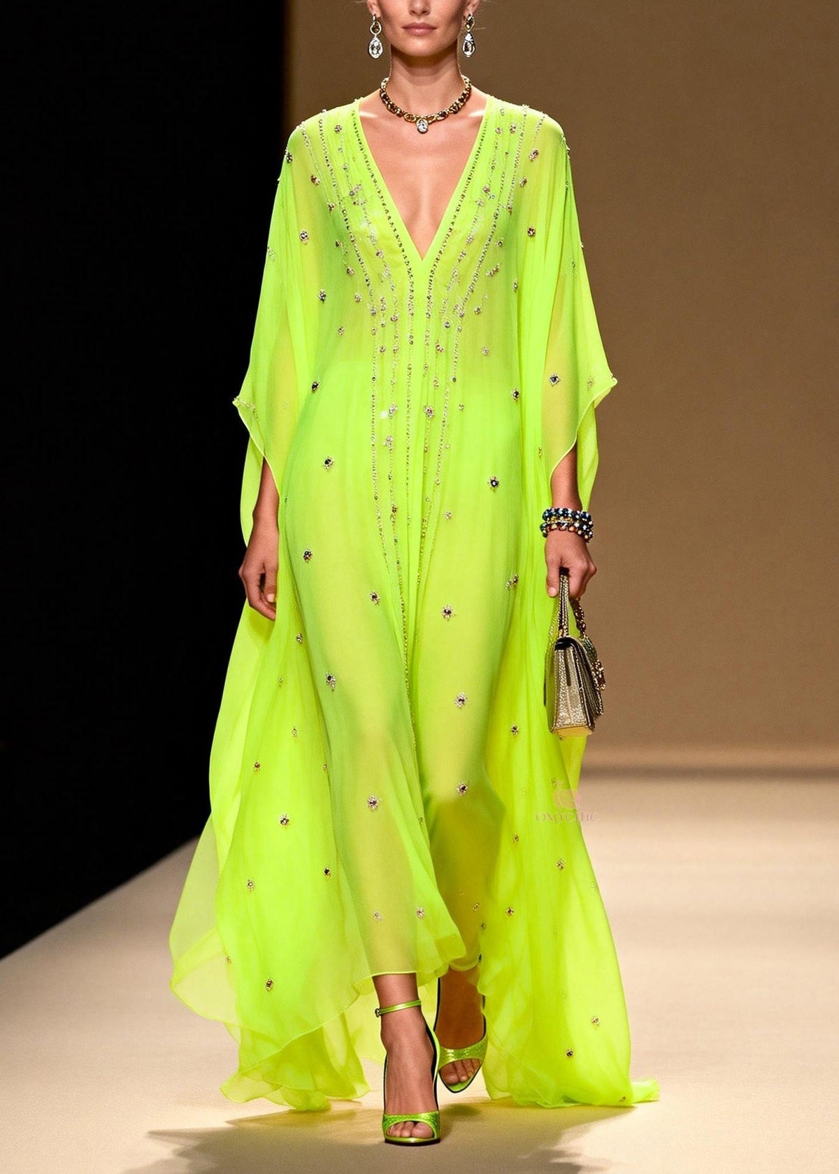 Rhinestone Scatter Deep V-Neck Batwing Sleeve Sheer Maxi Gown - View 3
